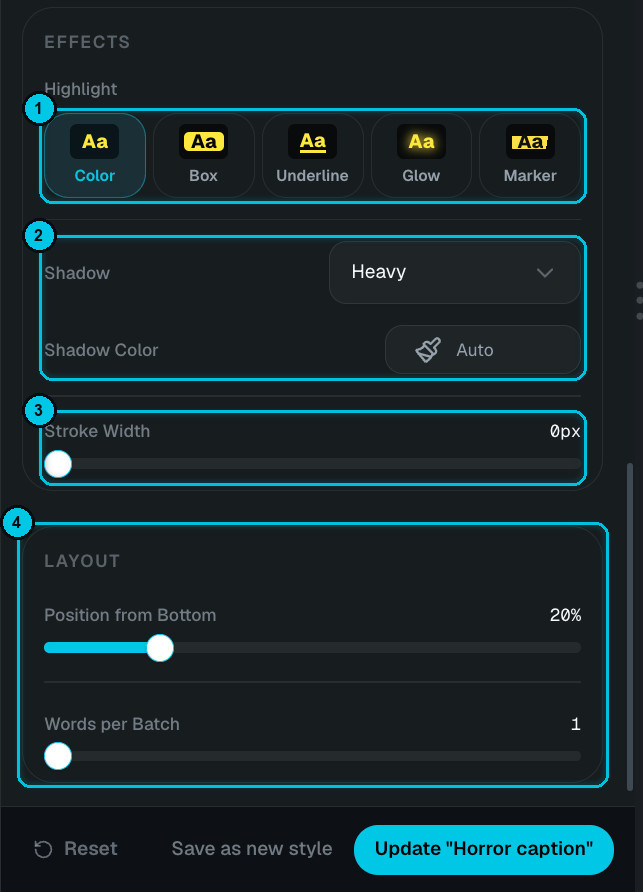 Caption effects and layout settings