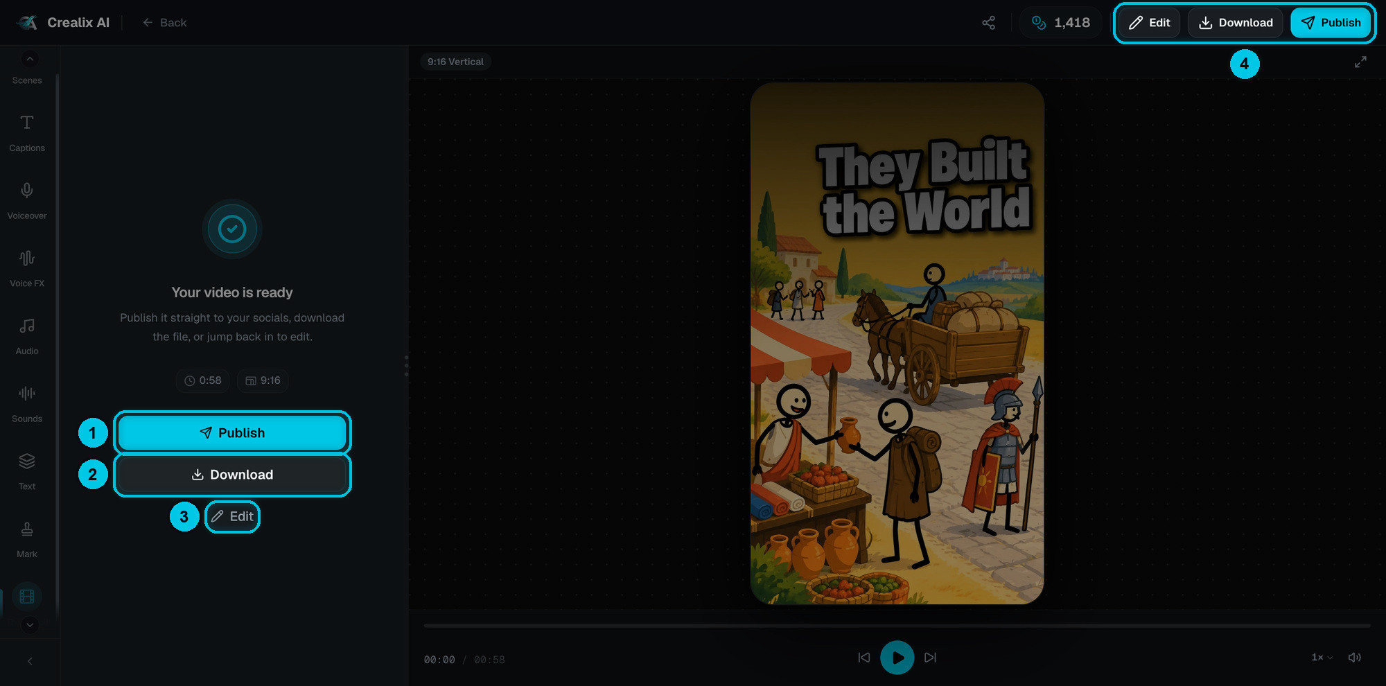 Your video is ready screen with Publish, Download and Edit