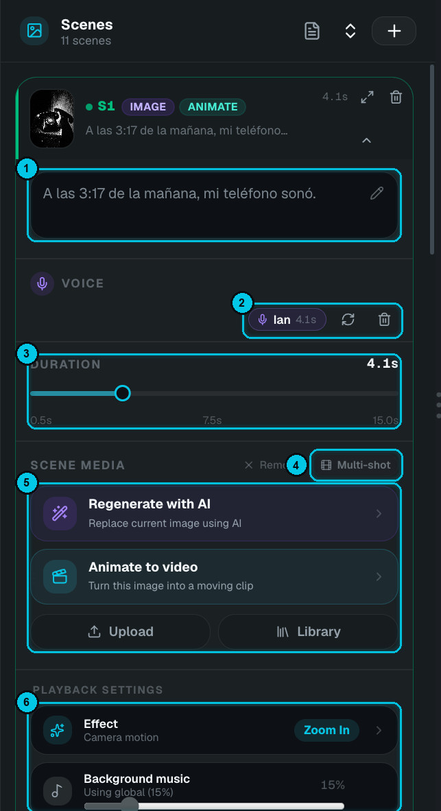 An expanded scene with text, voice, duration and media