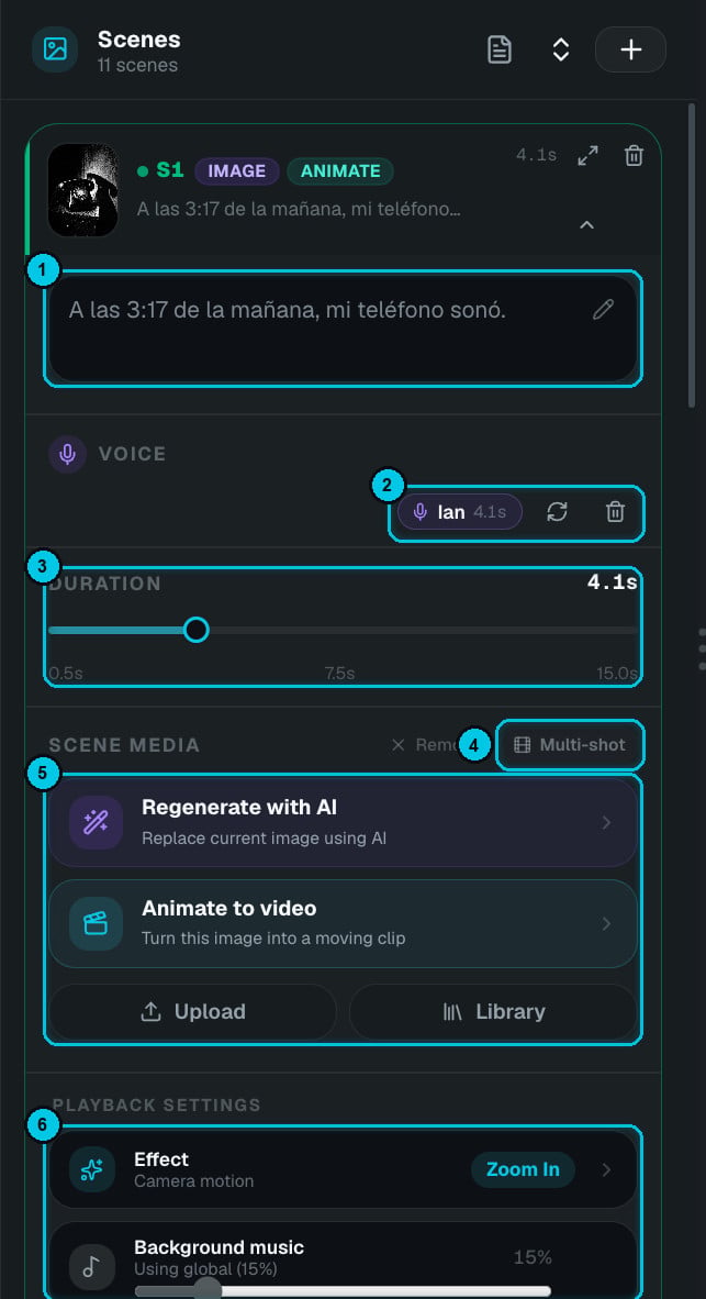 An expanded scene with text, voice, duration and media
