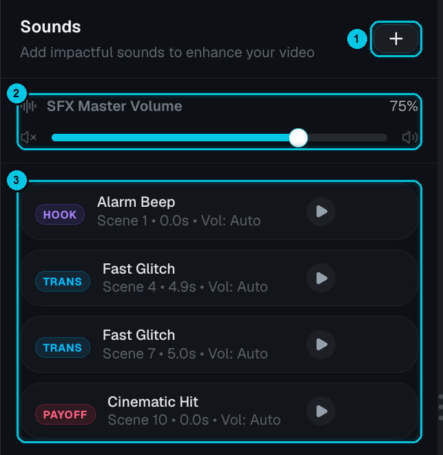 El panel Sonidos con SFX en ganchos, transiciones y momentos clave