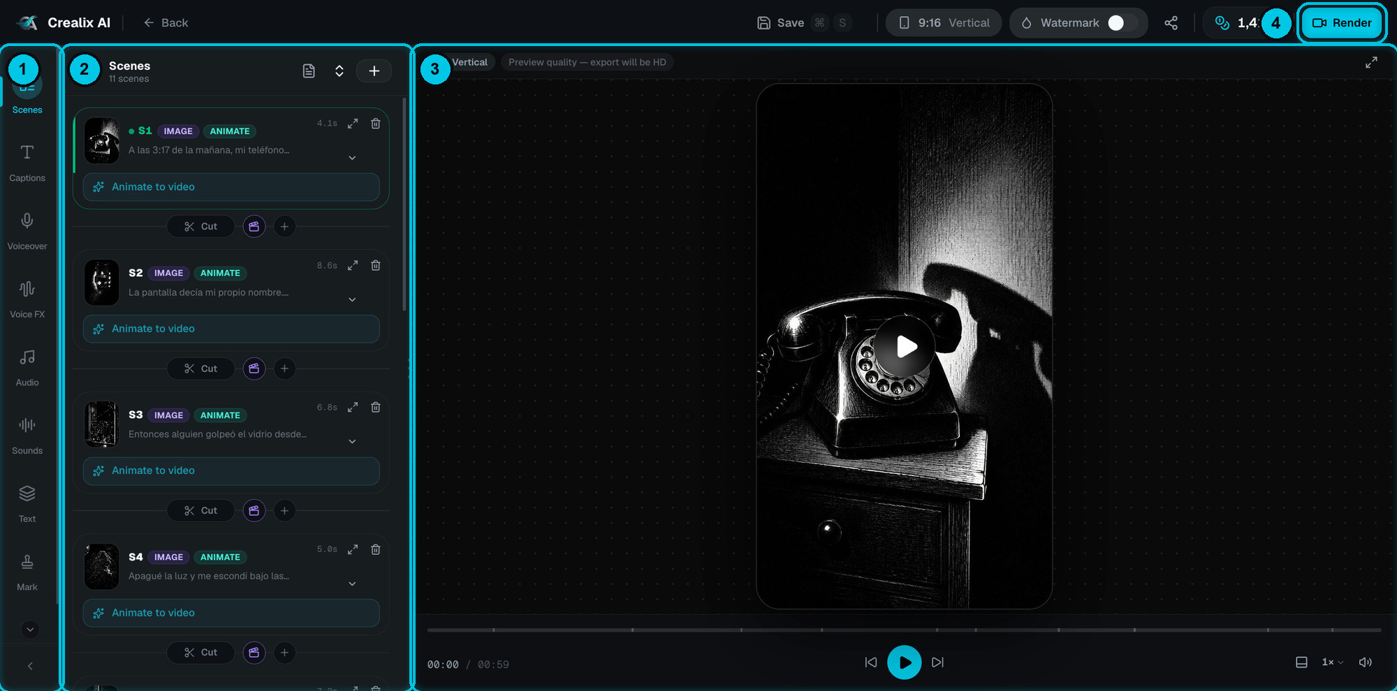 The Crealix editor with the Scenes panel open