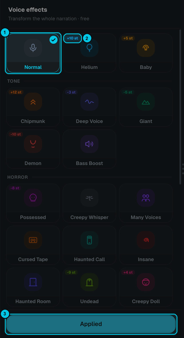 The Voice effects panel