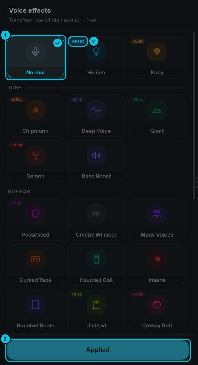 The Voice effects panel