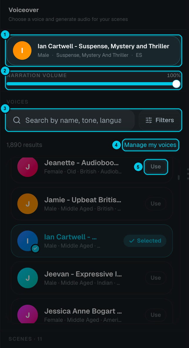 The Voiceover panel with the voice library