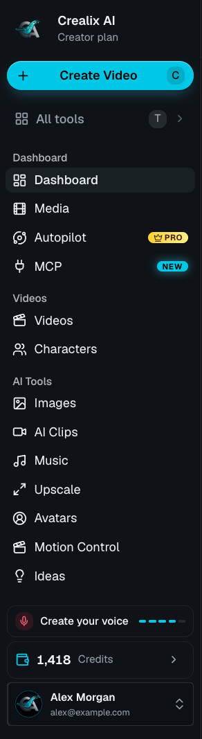 The Crealix sidebar with every section