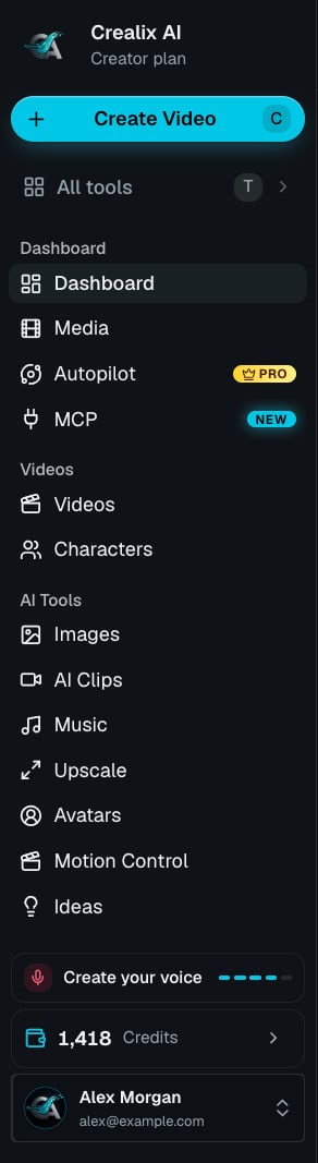 The Crealix sidebar with every section