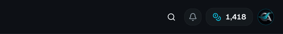Top bar with search, notifications, credits and avatar