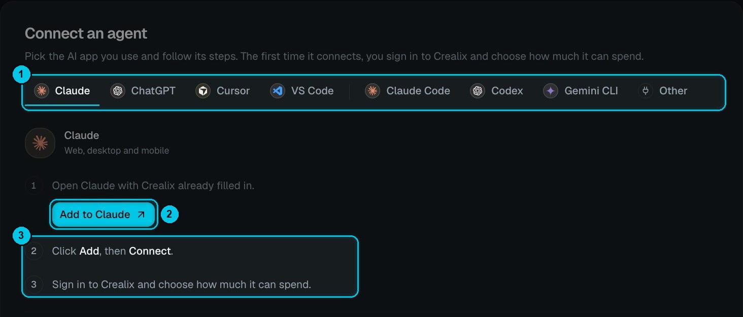 Connect an agent in Crealix settings