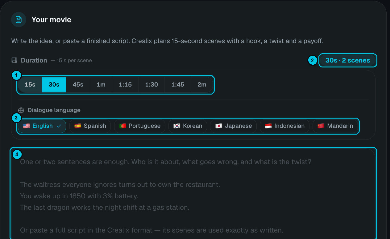 Your movie section with duration chips, dialogue language and the idea field