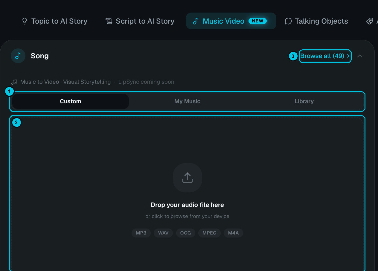 Song section with Custom, My Music and Library tabs and the audio drop zone