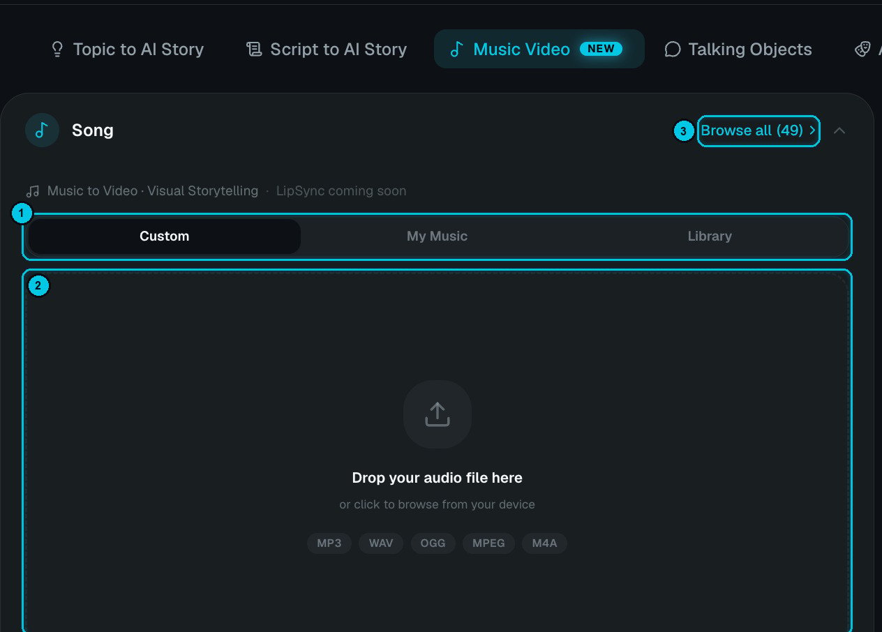 Song section with Custom, My Music and Library tabs and the audio drop zone