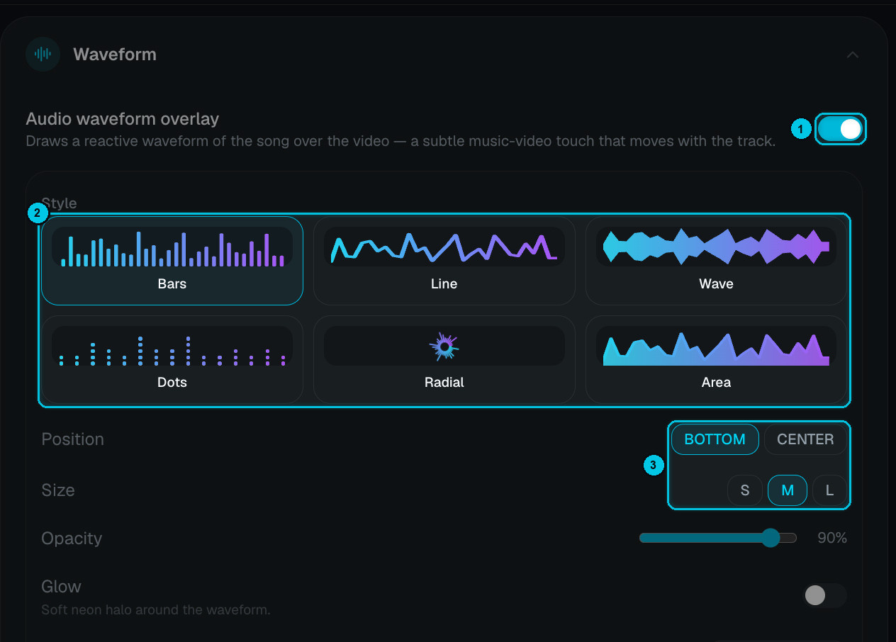 Waveform settings with Bars, Line, Wave, Dots, Radial and Area styles
