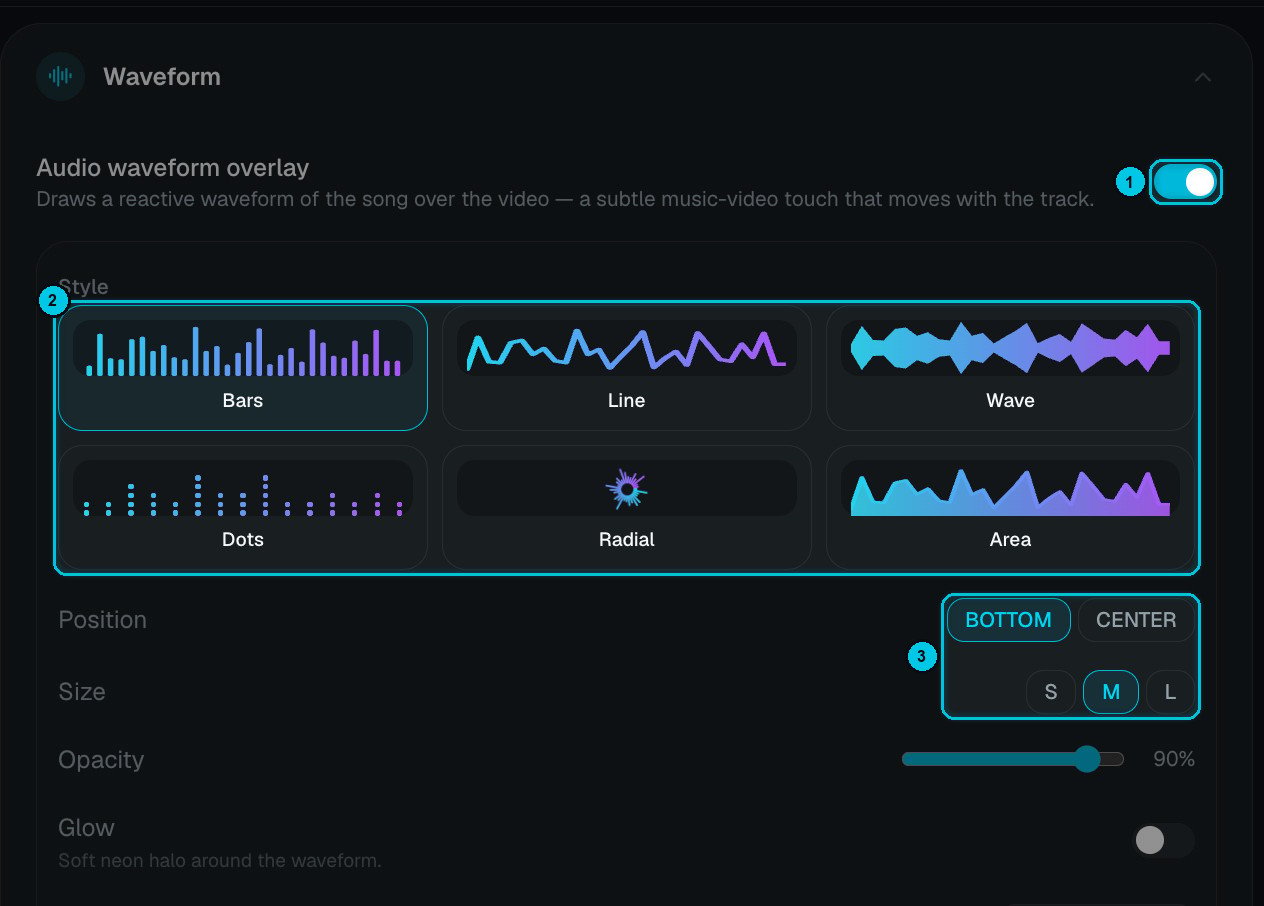 Waveform settings with Bars, Line, Wave, Dots, Radial and Area styles