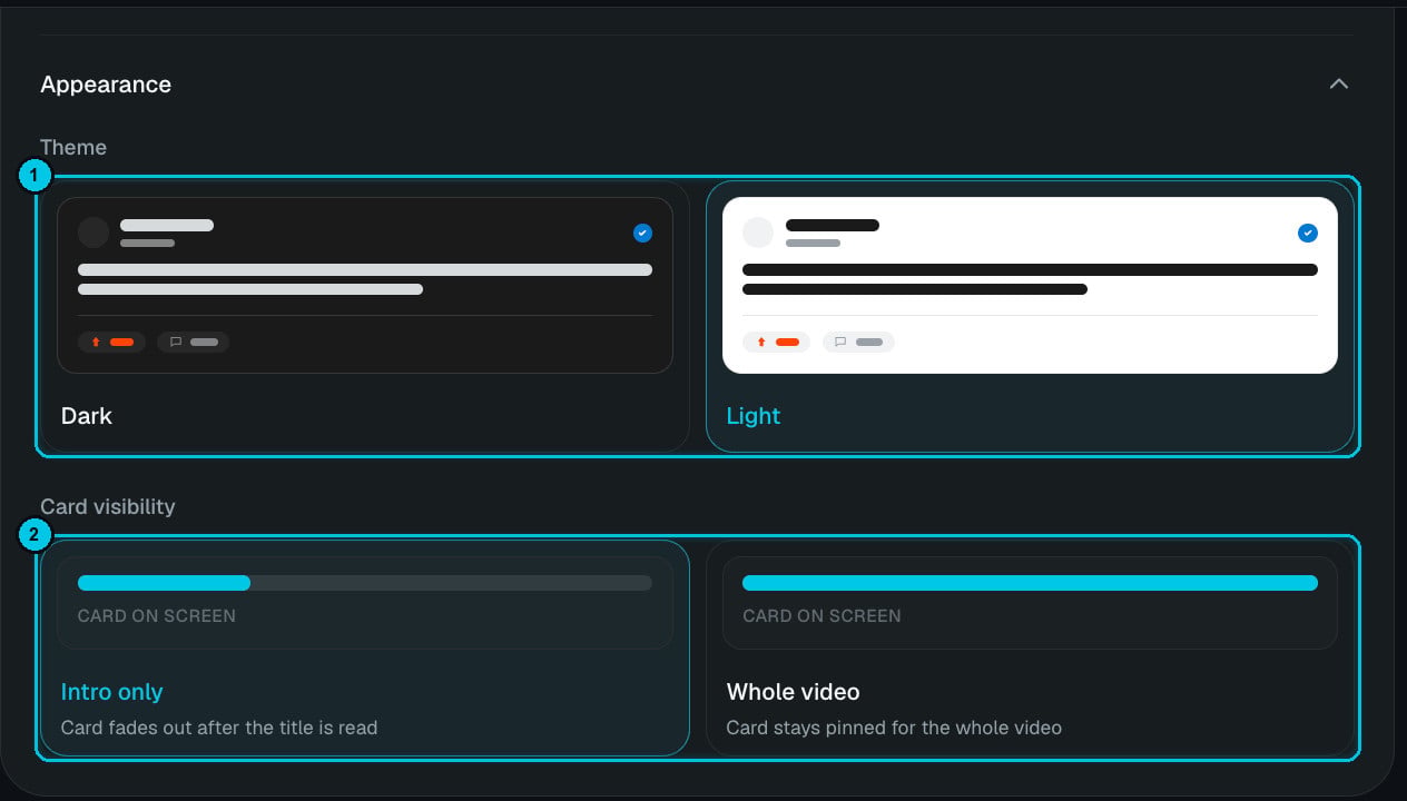 Appearance settings: dark or light theme, intro only or whole video