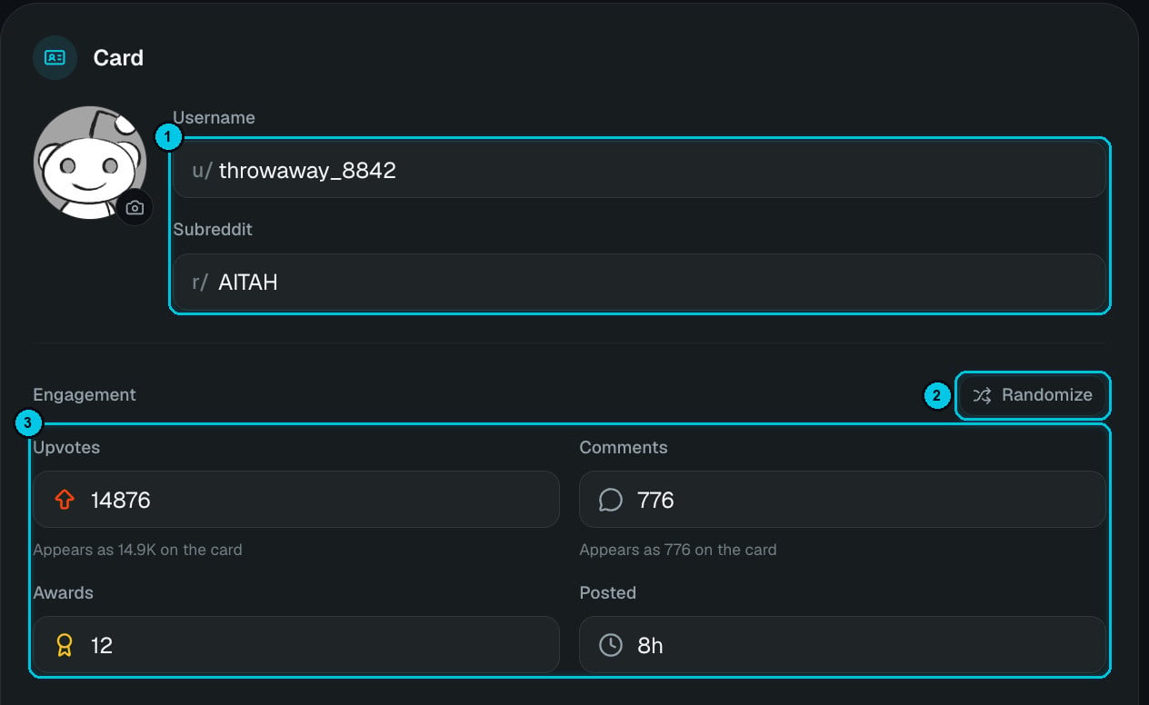 Card settings with avatar, username, subreddit and engagement numbers