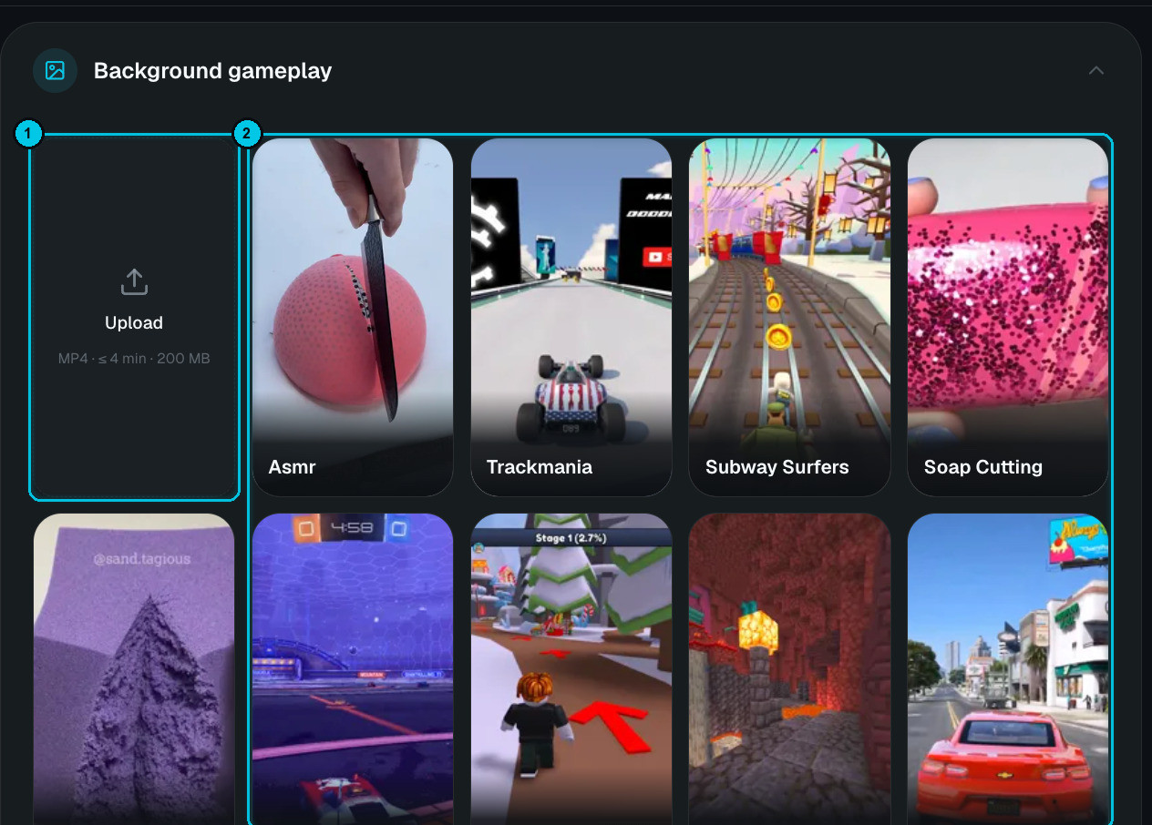 Background gameplay library with ASMR, Trackmania, Subway Surfers and Soap Cutting