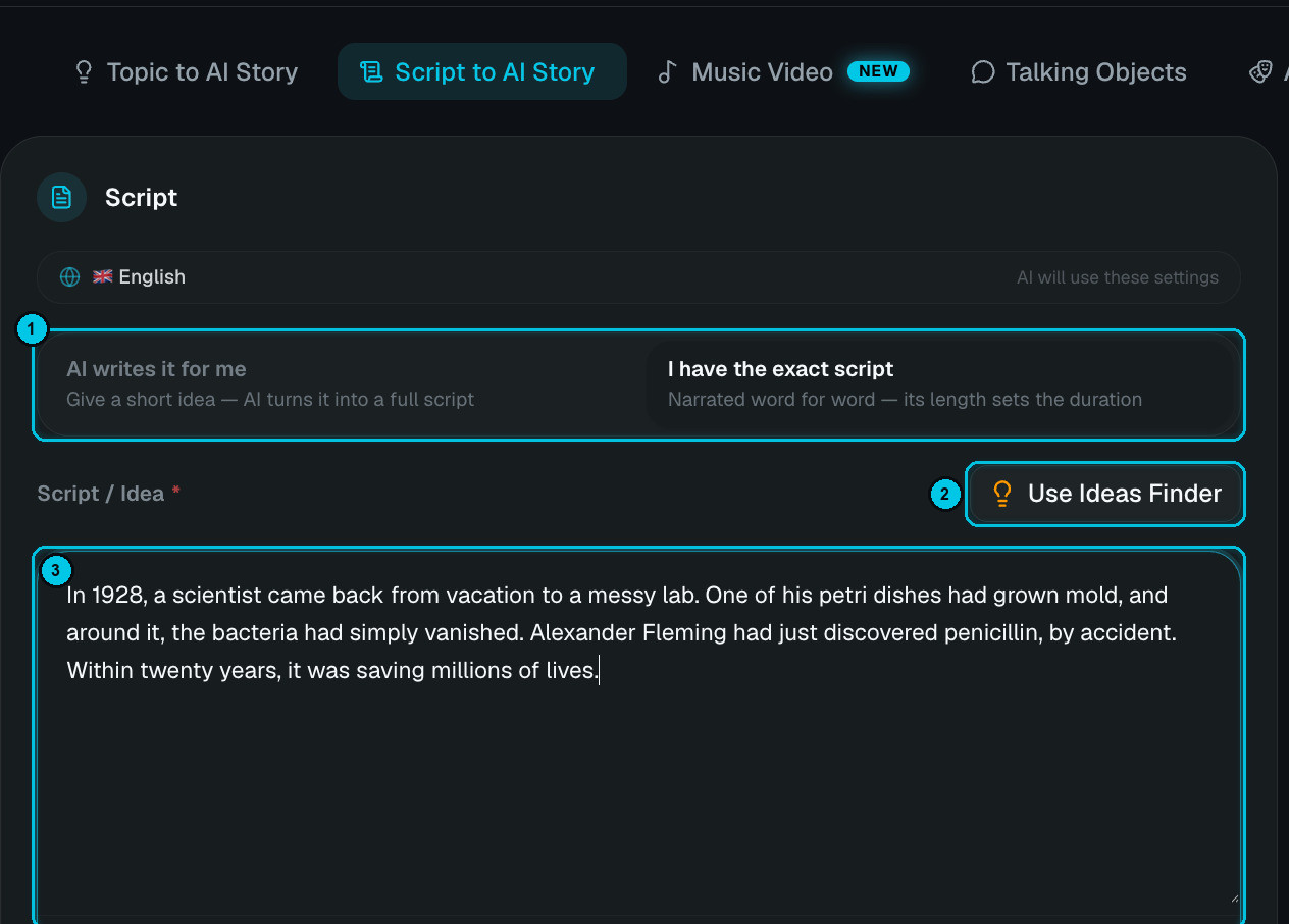Script to AI Story with the two modes and the script field