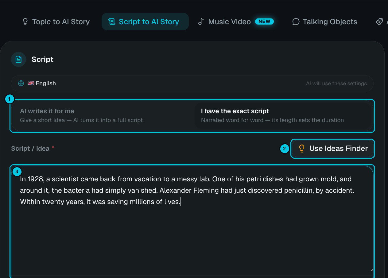 Script to AI Story with the two modes and the script field