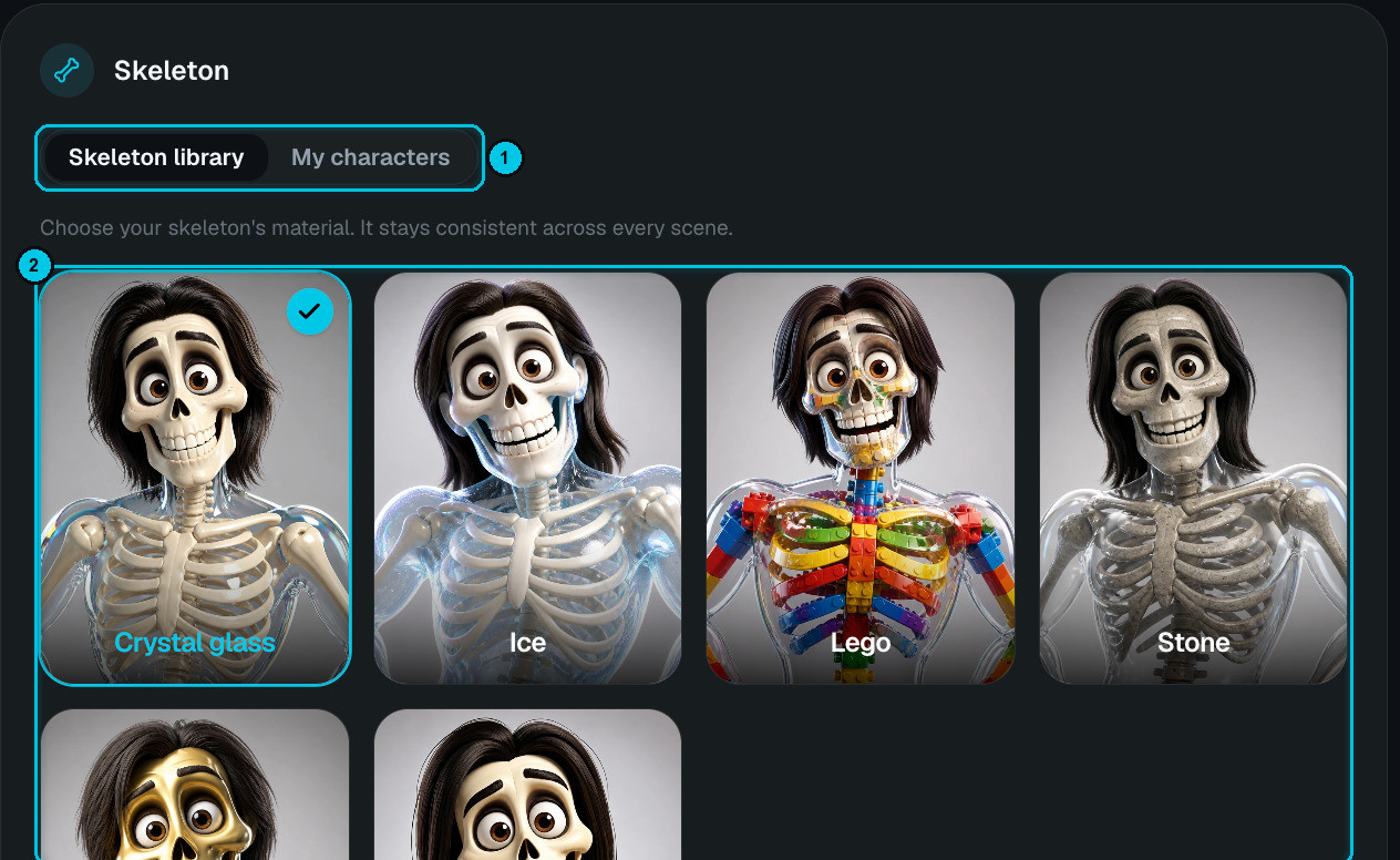 Skeleton material cards: Crystal glass, Ice, Lego and Stone