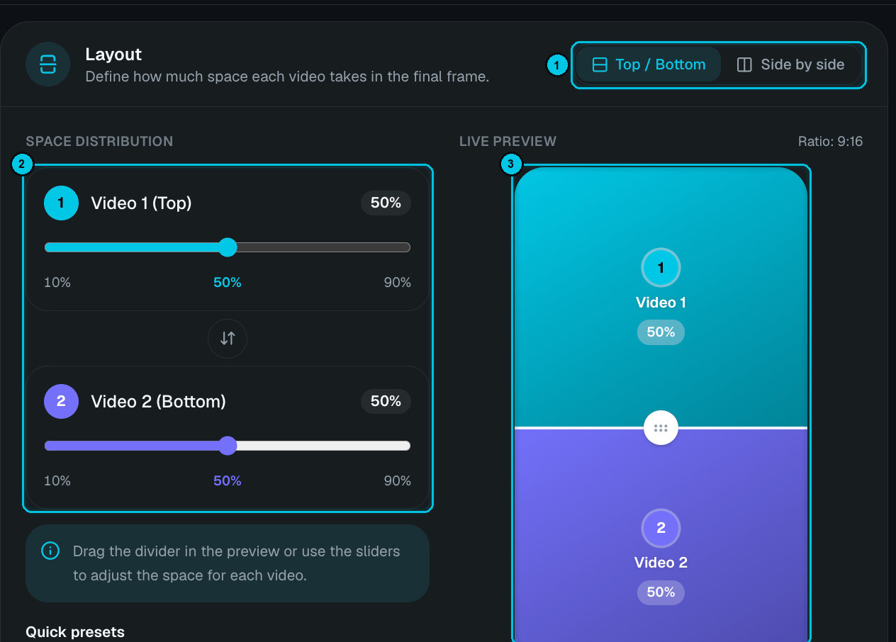 Layout settings with sliders for each video and a live preview of the split