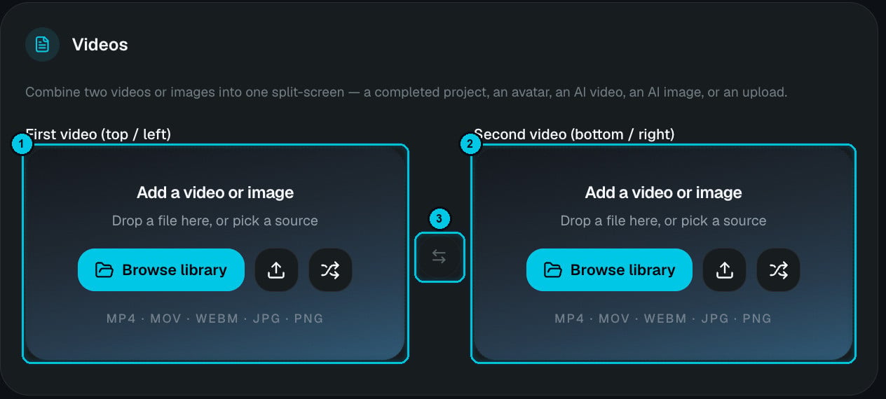 Two source slots with Browse library, upload and random buttons