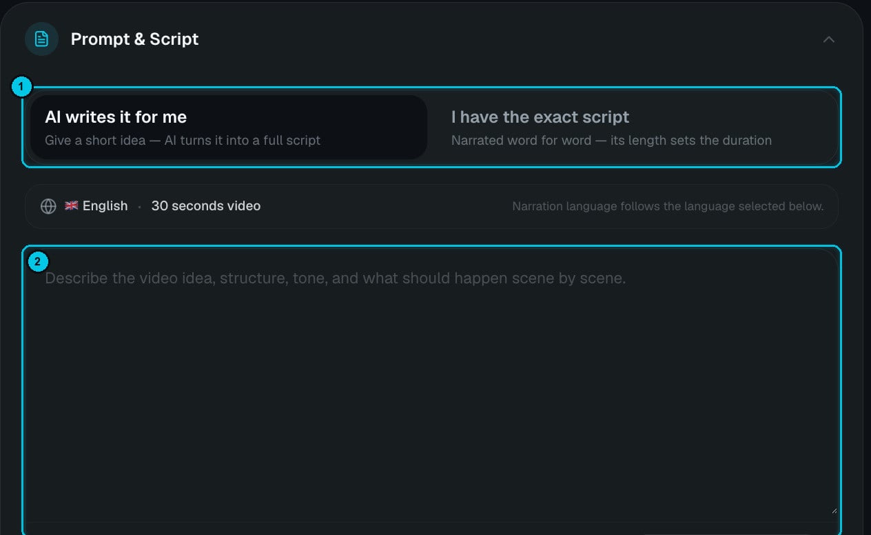 Stock Video with the two script modes and the prompt field