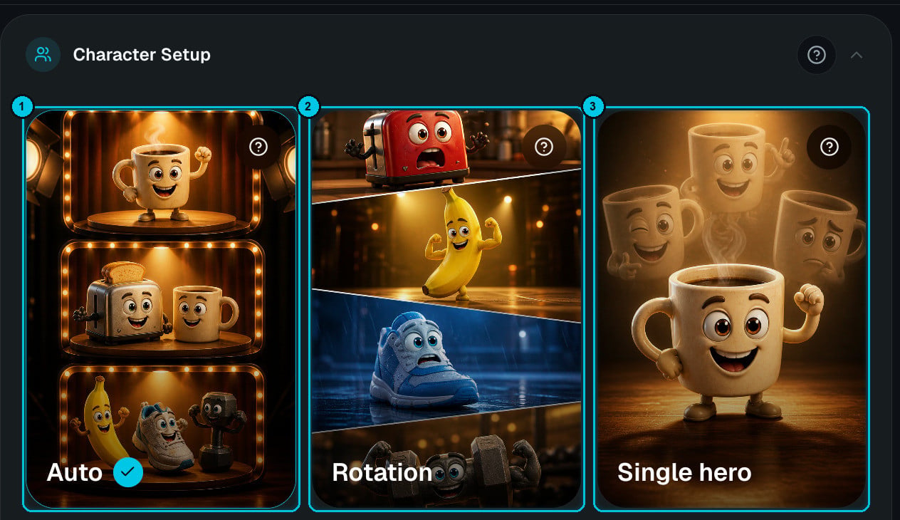 Character Setup cards: Auto, Rotation and Single hero
