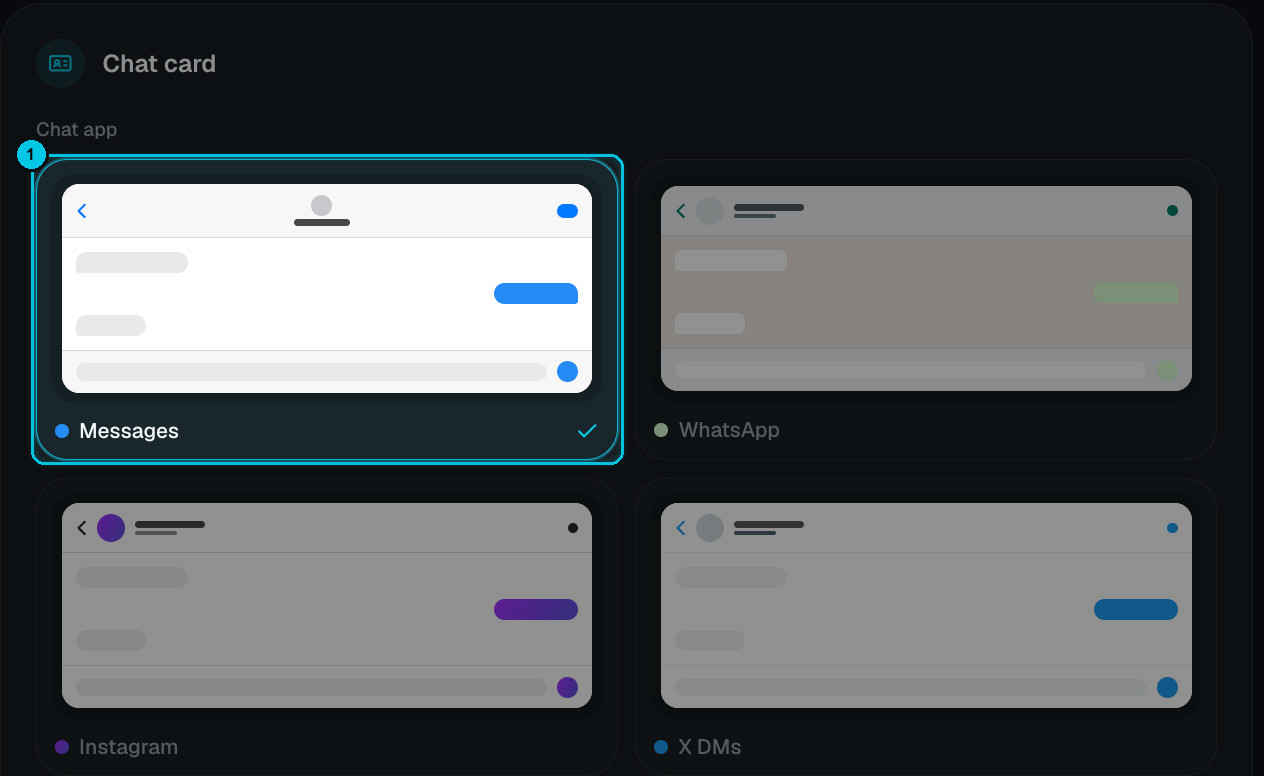 Chat app cards: Messages, WhatsApp, Instagram and X DMs