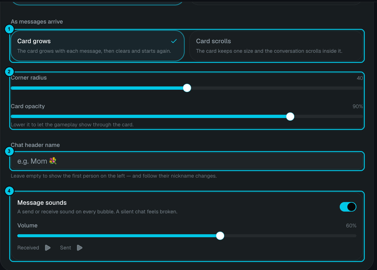 Chat card settings with layout, corner radius, opacity, header name and message sounds