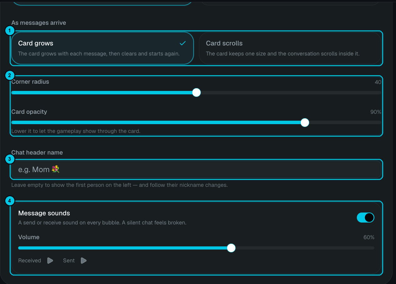 Chat card settings with layout, corner radius, opacity, header name and message sounds