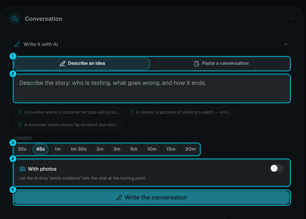 Write it with AI panel with idea field, length chips and the With photos switch