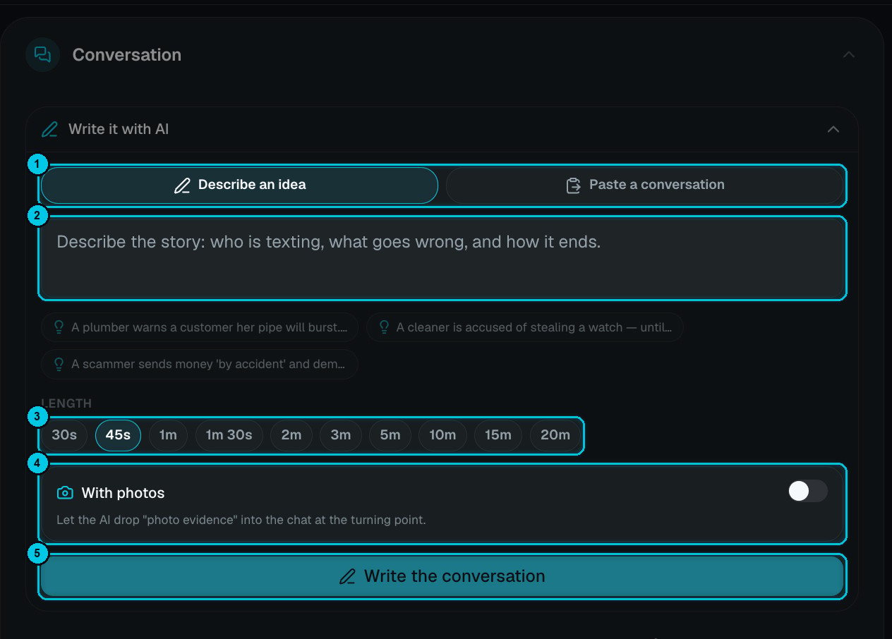 Write it with AI panel with idea field, length chips and the With photos switch
