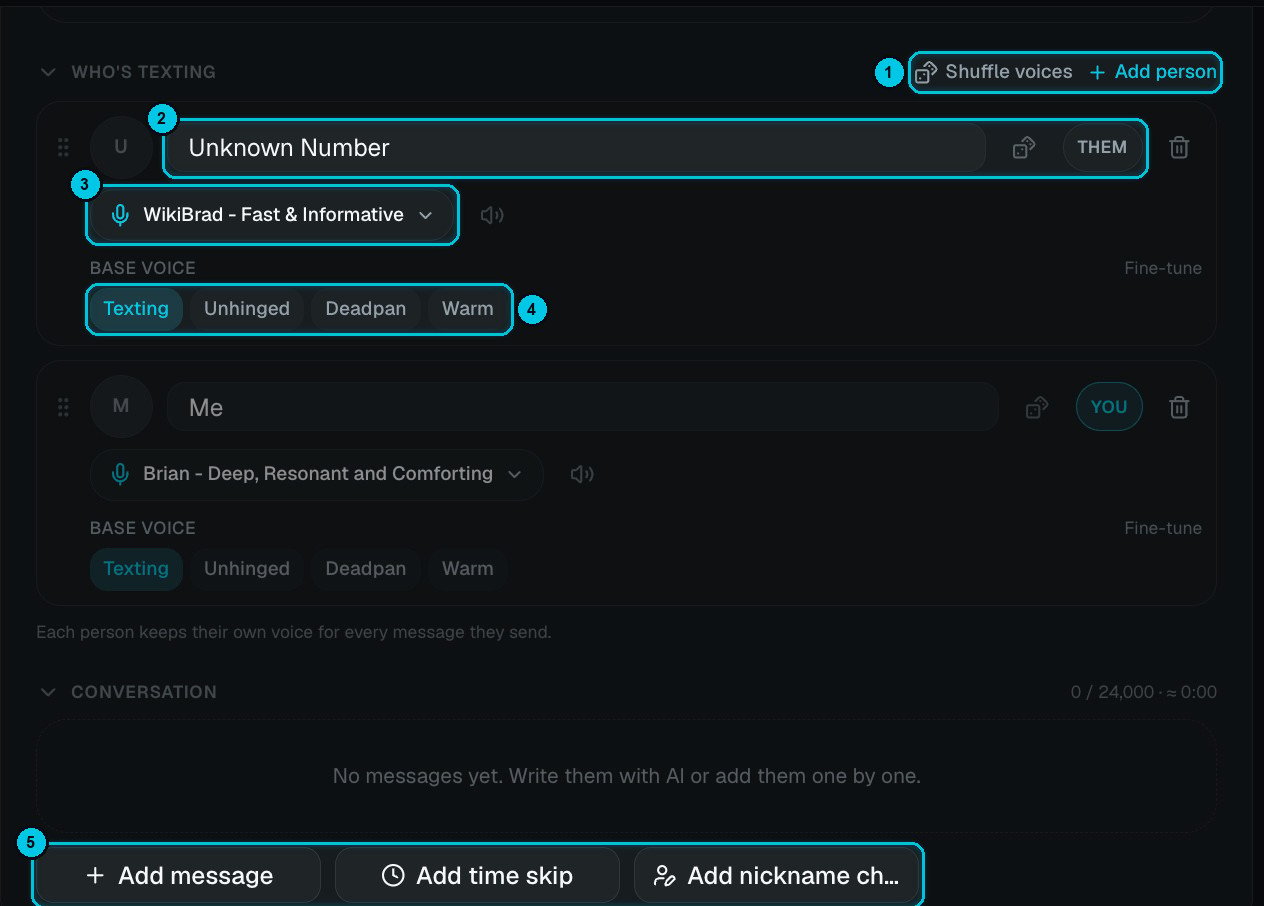 Who's texting with two people, their voices and base voice, and the add message buttons