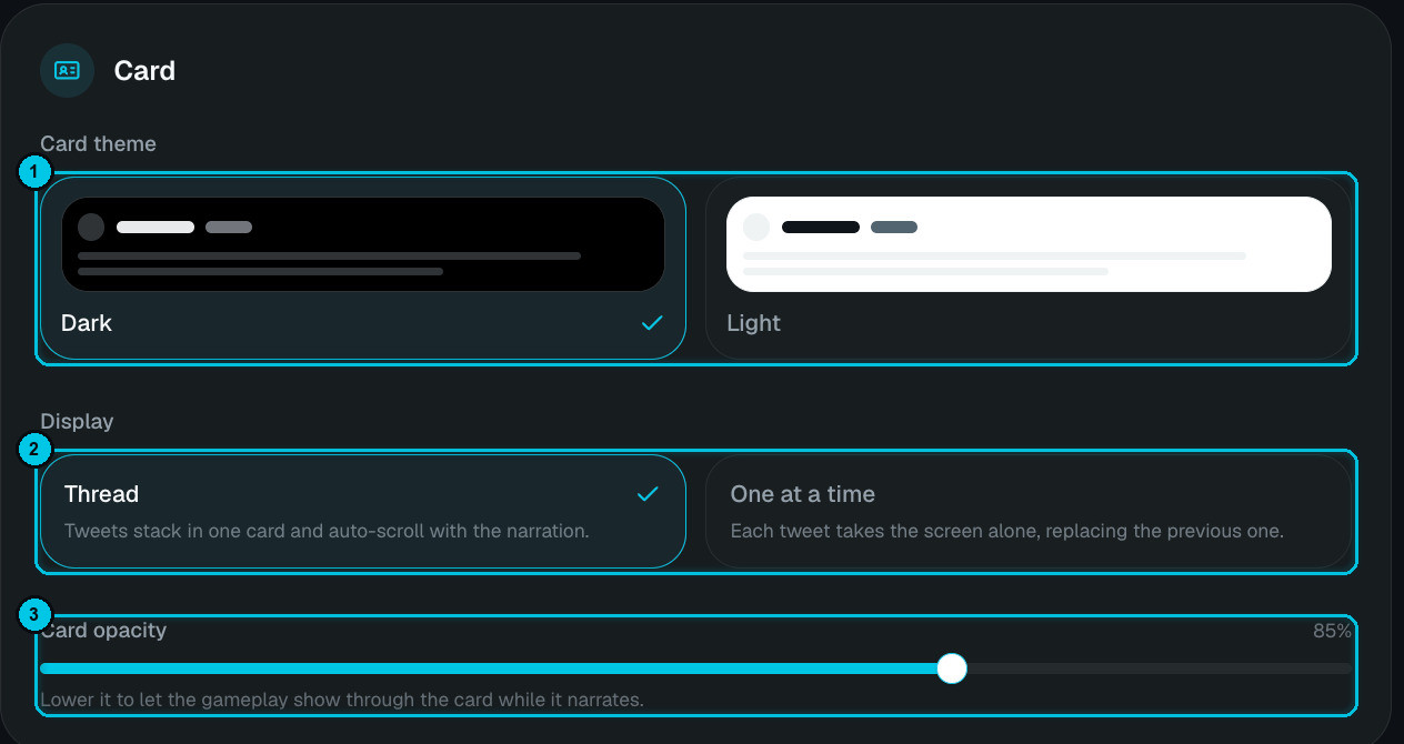 Card theme dark or light, display mode and card opacity