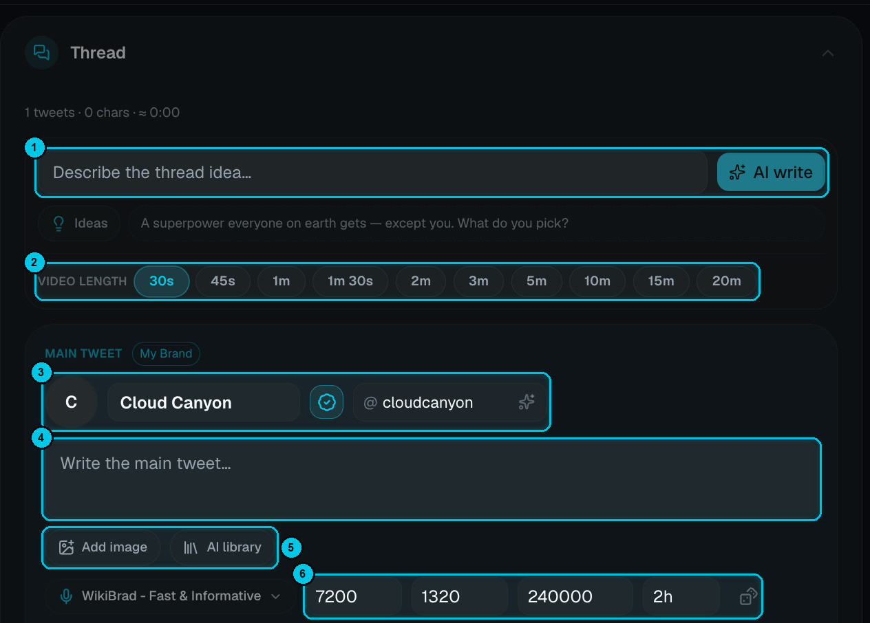 Thread panel with the AI idea field, length chips, the main tweet author, text, image and metrics