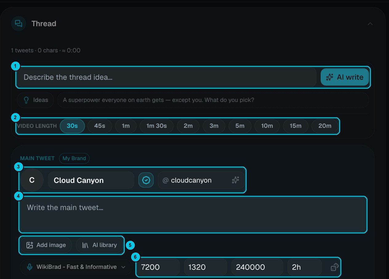 Thread panel with the AI idea field, length chips, the main tweet author, text, image and metrics