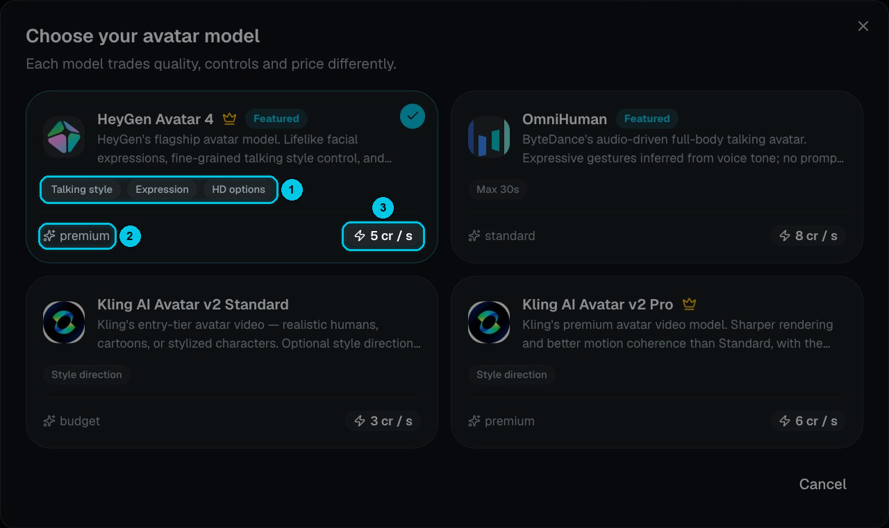 The model picker with HeyGen Avatar 4, OmniHuman, Kling AI Avatar v2 Standard and Pro
