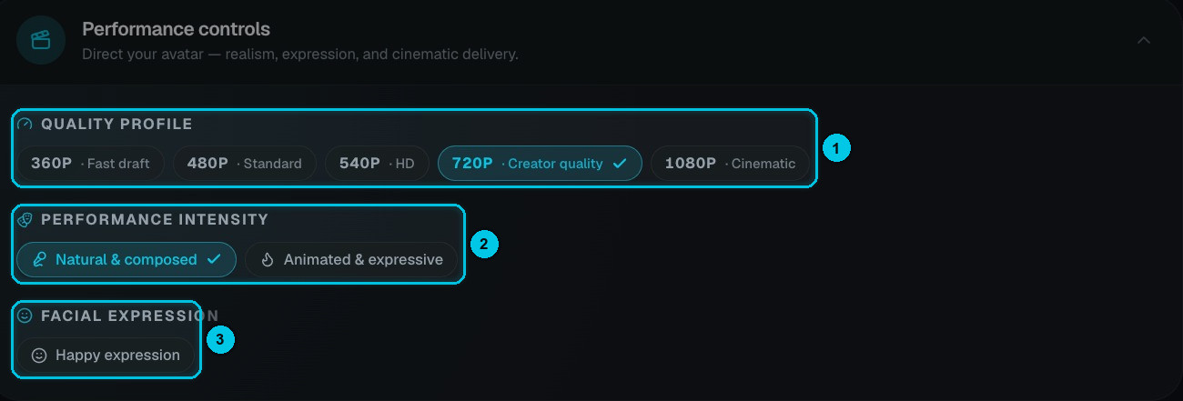 Performance controls: quality profile, performance intensity and facial expression