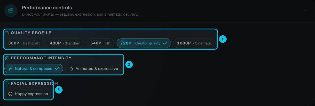 Performance controls: quality profile, performance intensity and facial expression