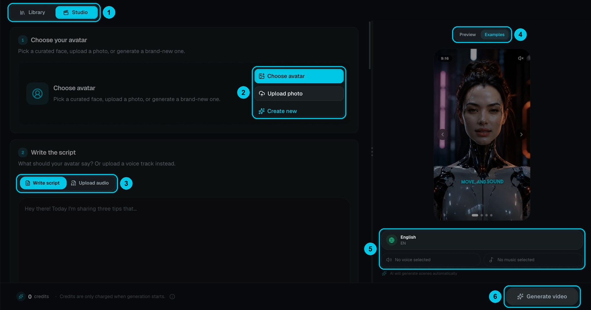 The Avatar Studio with the avatar picker, the script editor and the preview