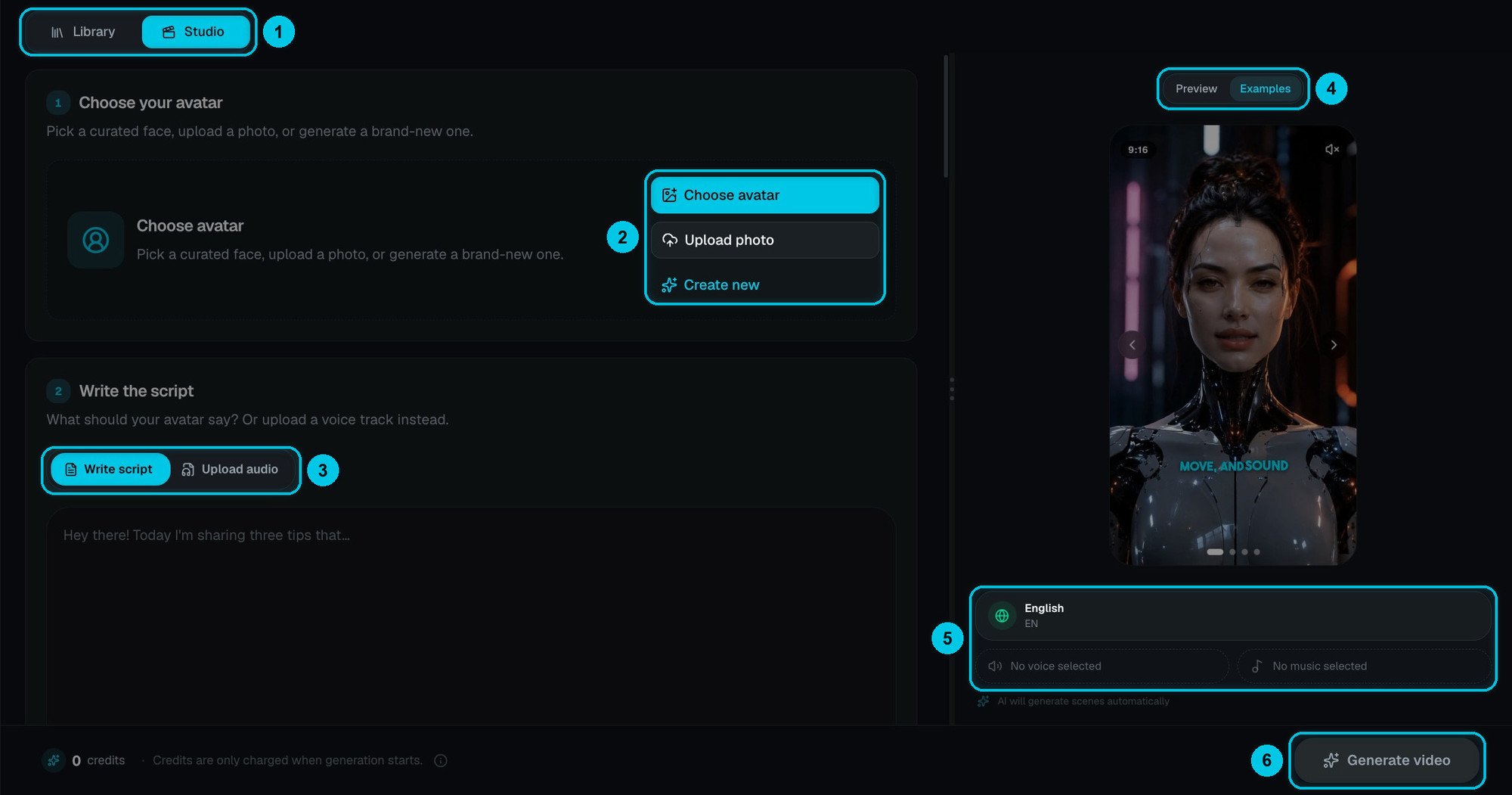 The Avatar Studio with the avatar picker, the script editor and the preview