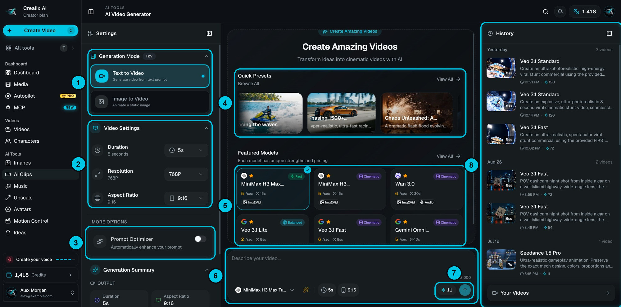 The AI Video Generator with generation mode, video settings, featured models and history