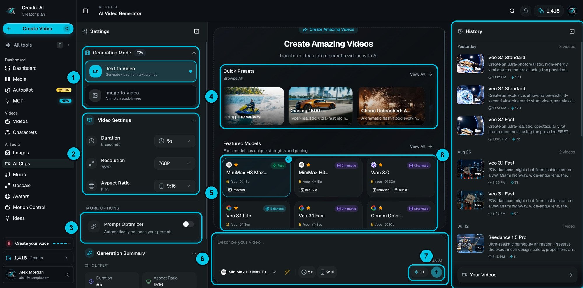 The AI Video Generator with generation mode, video settings, featured models and history