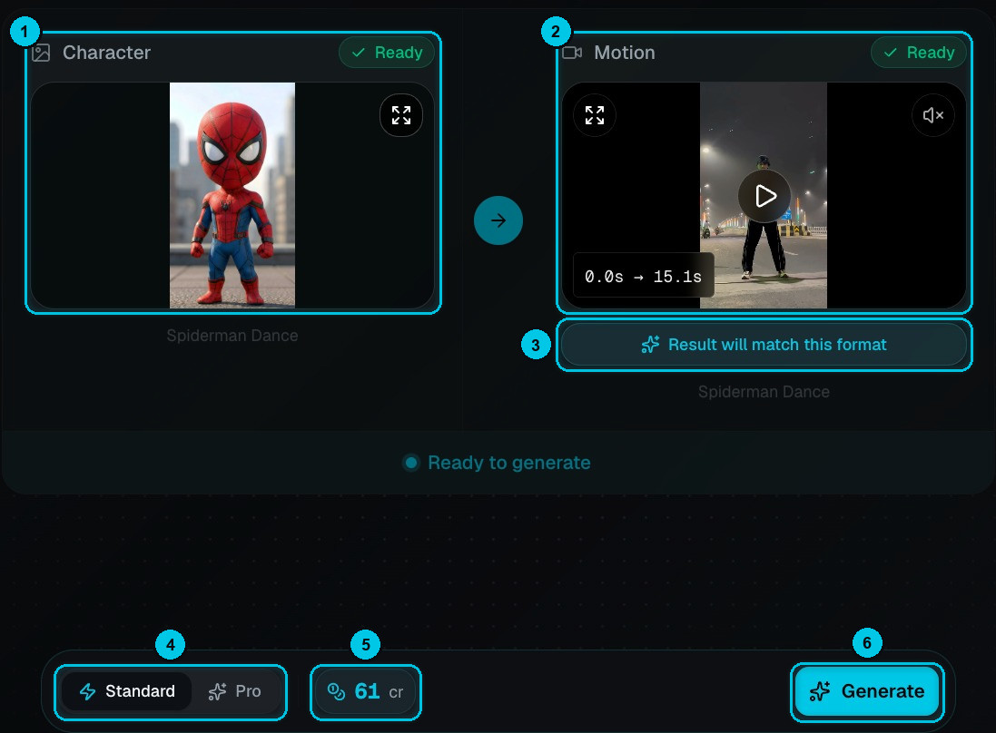 Motion Control ready to generate with the character, the motion clip and the cost