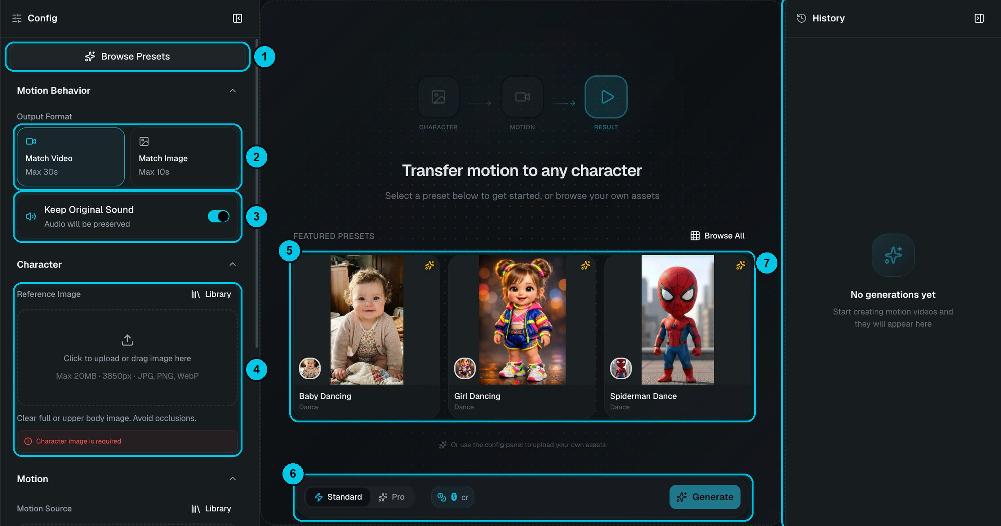 Motion Control with the config panel, featured presets and the history panel