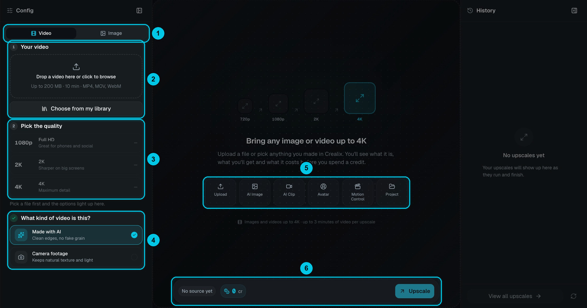 The AI Upscaler with the source picker, target quality, content type and cost