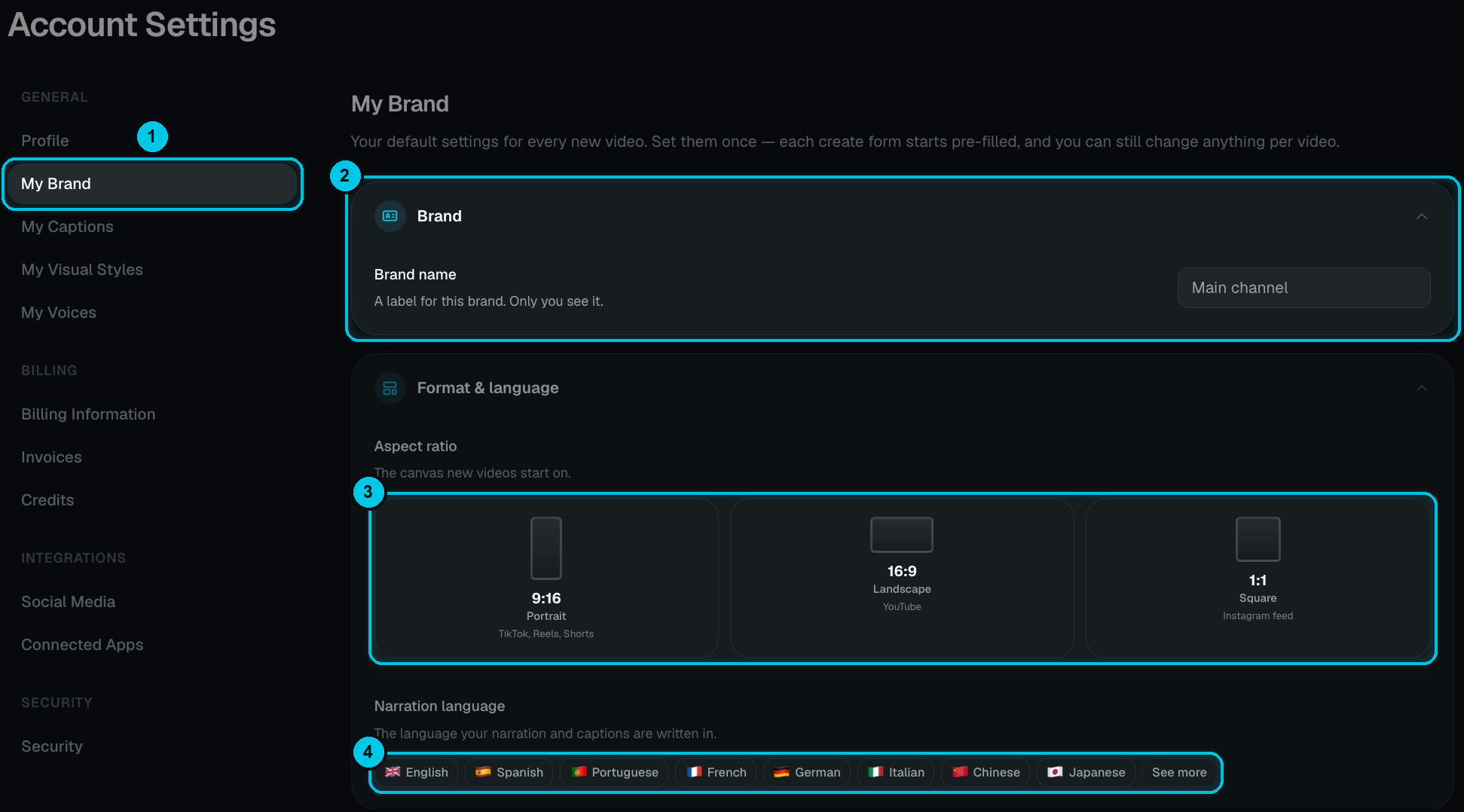 My Brand settings with the brand name, aspect ratio and narration language
