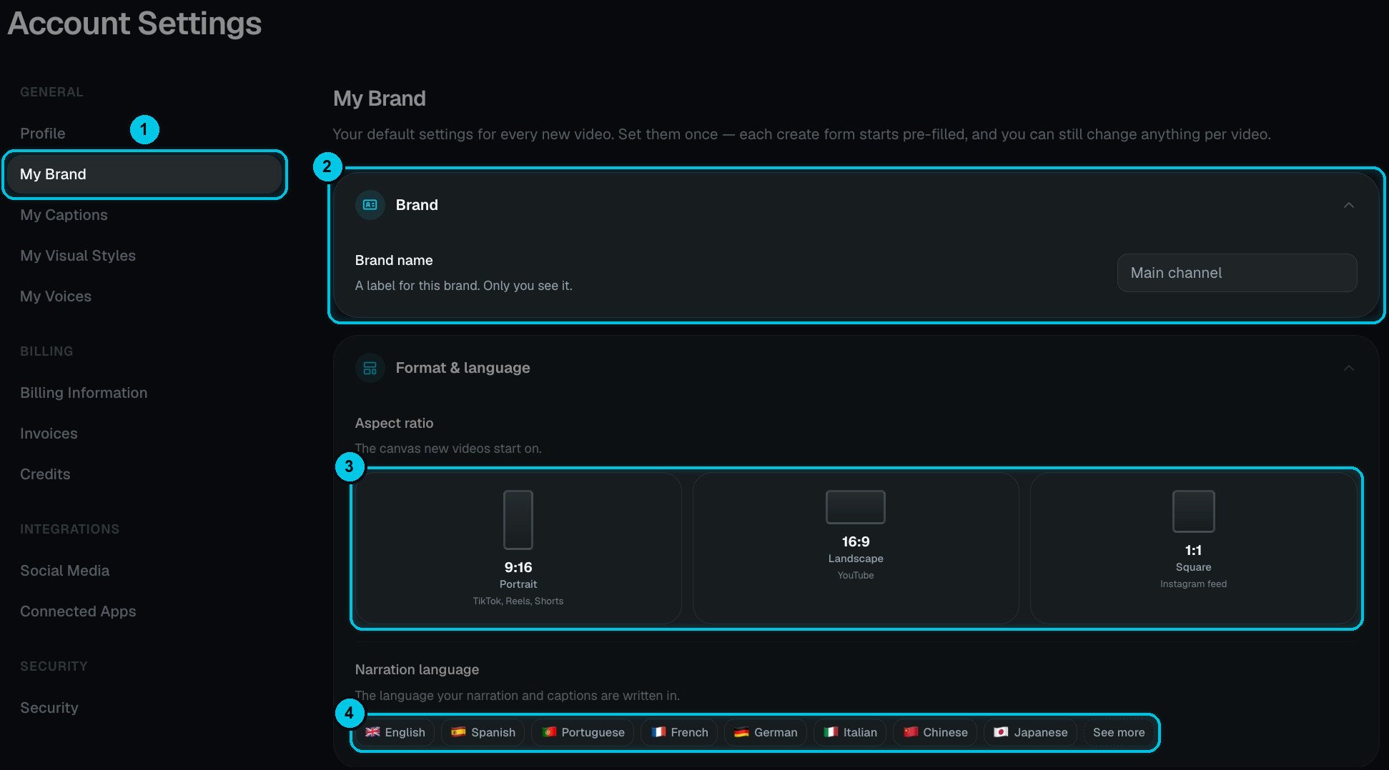 My Brand settings with the brand name, aspect ratio and narration language