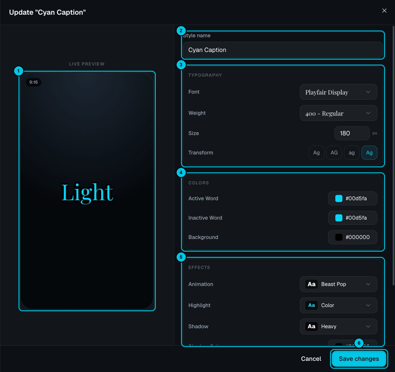 The caption style editor with live preview, typography, colors and effects